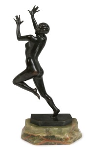 Théodore ULLMANN (Austria, 1903-1996), dancing female nude, cast and patinated bronze on green onyx base, circa 1925, signed "TH. ULLMANN", with additional monogram mark, 23cm high