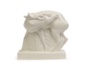 WEDGWOOD Art Deco cream porcelain statue of a deer, modeled by JOHN SKEAPING, stamped "Wedgwood Etruria, England", and impressed "J. SKEAPING, Wedgwood", 19cm high, 19cm long