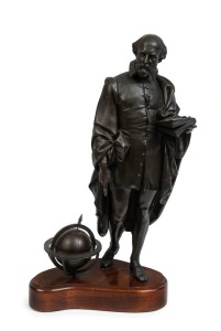 SHAKESPEARE antique cast bronze statue standing above a globe, mounted on a timber base, 19th century, 39.5cm high