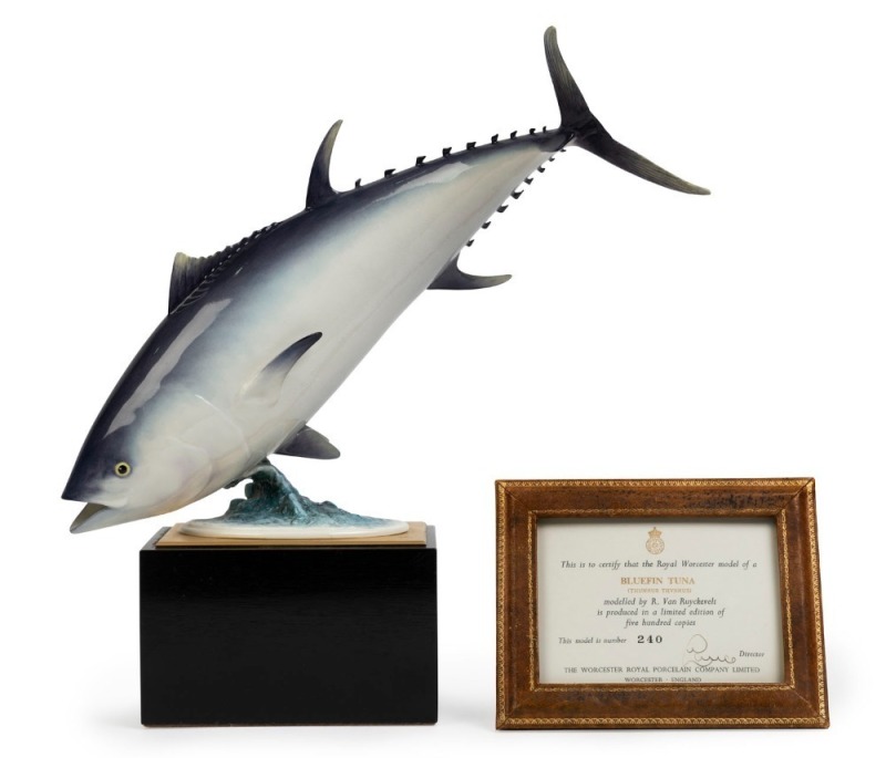 ROYAL WORCESTER "Bluefin Tuna" English porcelain statue modelled by VAN RUYCKEVELT, limited edition 240/500, with framed certificate, ​​​​​​​30cm high overall, 28cm long