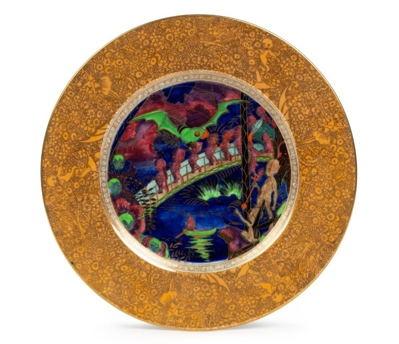 WEDGWOOD FAIRYLAND "Imps On A Bridge" rare English porcelain plate by Daisy Makeig-Jones, stamped "Wedgwood, Made in England", with amphora mark, 27cm diameter