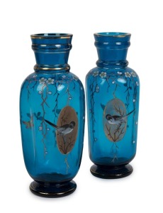 MOSER pair of antique Bohemian blue glass vases with enamel and gilt decoration, 19th century, 25cm high