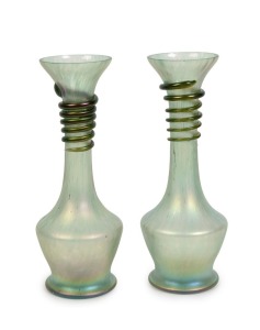 LOETZ pair of Bohemian green iridescent glass vases with applied spiral decoration, late 19th century, 26cm high