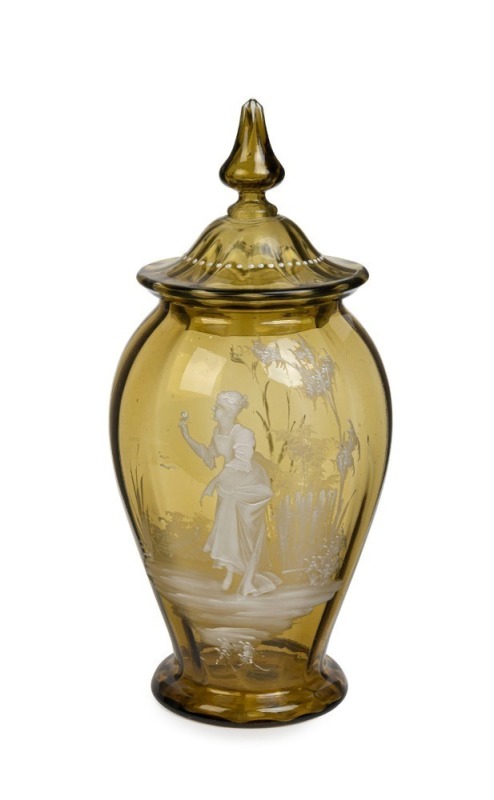 MARY GREGORY antique lidded glass urn in usual olive-green colourway, 19th century, ​​​​​​​38cm high