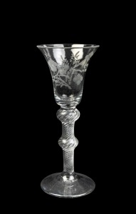 A Georgian wine glass with floral etched bowl on twisted stem, 18th century, 17.5cm high