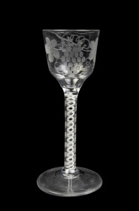 A fine Georgian cordial glass with air twist stem and wheel engraved bowl, 18th century, 14.5cm high