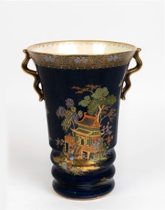CARLTON WARE English blue porcelain mantle vase with pagoda decoration, early 20th century, stamped "Carlton Ware, Made in England, Trademark", 28.5cm high, 22.5cm wide