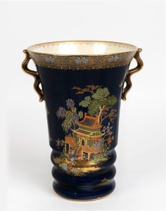CARLTON WARE English blue porcelain mantle vase with pagoda decoration, early 20th century, stamped "Carlton Ware, Made in England, Trademark", 28.5cm high, 22.5cm wide