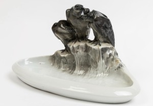 FRAUREUTH German porcelain figural bowl adorned with vultures, blue factory mark to base, 20cm high, 36cm wide