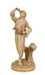ROYAL WORCESTER antique English porcelain statue of The Snake Charmer, puce factory mark to base, 34cm high