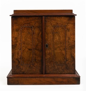 COLLECTOR'S CABINET antique walnut three drawer cabinet enclosed behind two string inlay doors, 19th century, 32cm high, 31cm wide, 21cm deep