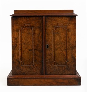 COLLECTOR'S CABINET antique walnut three drawer cabinet enclosed behind two string inlay doors, 19th century, ​​​​​​​32cm high, 31cm wide, 21cm deep