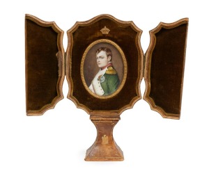 NAPOLEON BONAPARTE antique French portrait miniature mounted in plush velvet and leather display stand, 19th century, 22cm high overall