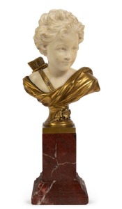 AGATHON LÉONARD (France, 1841-1923), Cupid, carved ivory bust with gilt bronze mount on rouge marble base, 19th century, signed "A. Léonard", 24cm high