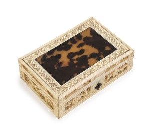 A Chinese carved ivory and tortoiseshell jewellery box, Qing Dynasty, 19th/20th century, ​​​​​​​3cm high, 11cm wide, 7.5cm deep