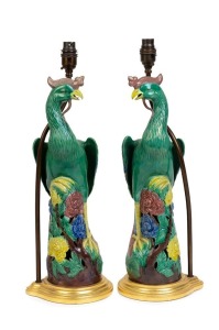 A pair of Chinese pierced porcelain ceramic phoenix table lamp bases with gilt metal mounts, 20th century, 49cm high