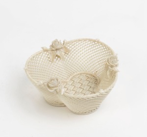 BELLEEK antique Irish porcelain basket weave bowl with applied rose decoration, impressed stamp to base, 7cm high, 14cm wide