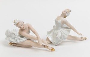WALLENDORF pair of German porcelain ballerina statues, green factory marks to bases, the larger 13cm high, 17cm long