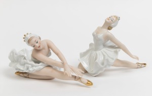 WALLENDORF pair of German porcelain ballerina statues, green factory marks to bases, the larger 13cm high, 17cm long