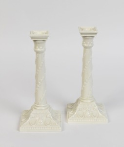 ROYAL WORCESTER pair of antique English white porcelain Corinthian column candlesticks, green factory marks to bases, 27cm high