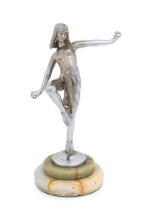 D. ALONZO "Danseuse Egyptienne" rare nickel plated bronze car mascot, circa 1920, mounted on green and white onyx base, 23cm high overall