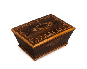 An antique English rosewood jewellery casket with boxwood marquetry inlay, early to mid 19th century, ​​​​​​​10cm high, 22cm wide, 16cm deep