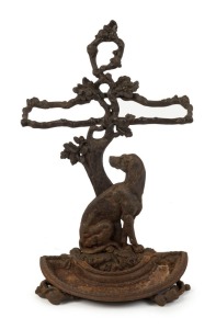 An antique French cast iron umbrella stand with dog and oak tree decoration, 19th century, 70cm high