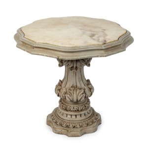 A vintage French centre table, carved wood with grey painted finish and shaped top inlaid with Carrara marble, 20th century, 59cm high, 67cm diameter