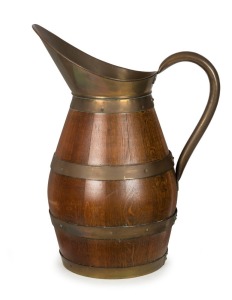 An antique English harvest jug, coopered oak construction with brass and copper mounts, 19th century, an impressive 59 cm high, 44cm wide