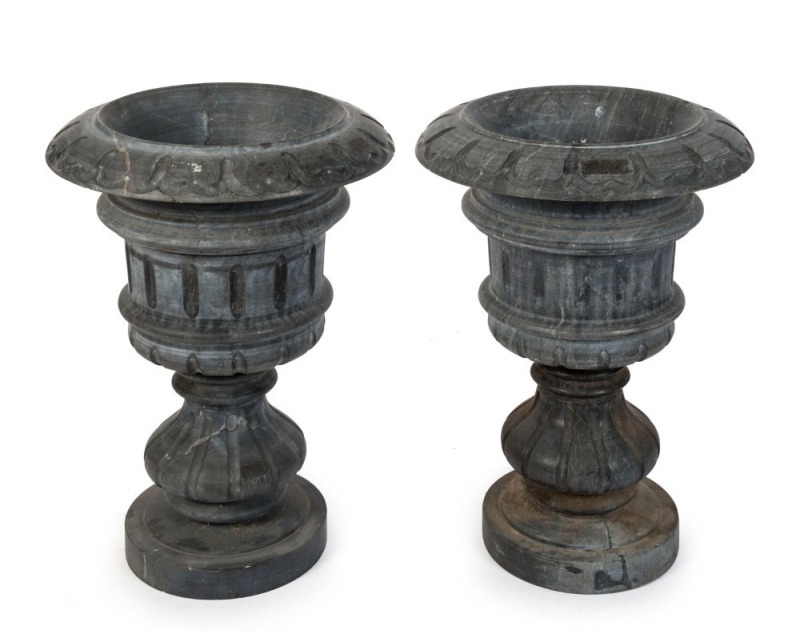 A pair of French hard stone garden urns, 19th century, 72cm high, 49cm diameter