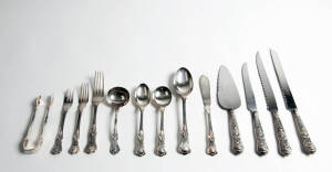 A table service of king&rsquo;s pattern sterling silver cutlery for twelve, comprising 109 pieces, including servers and two bread knives (four entree knives are silver plated Stanley & Rogers). Approx. weight 5.9kg
