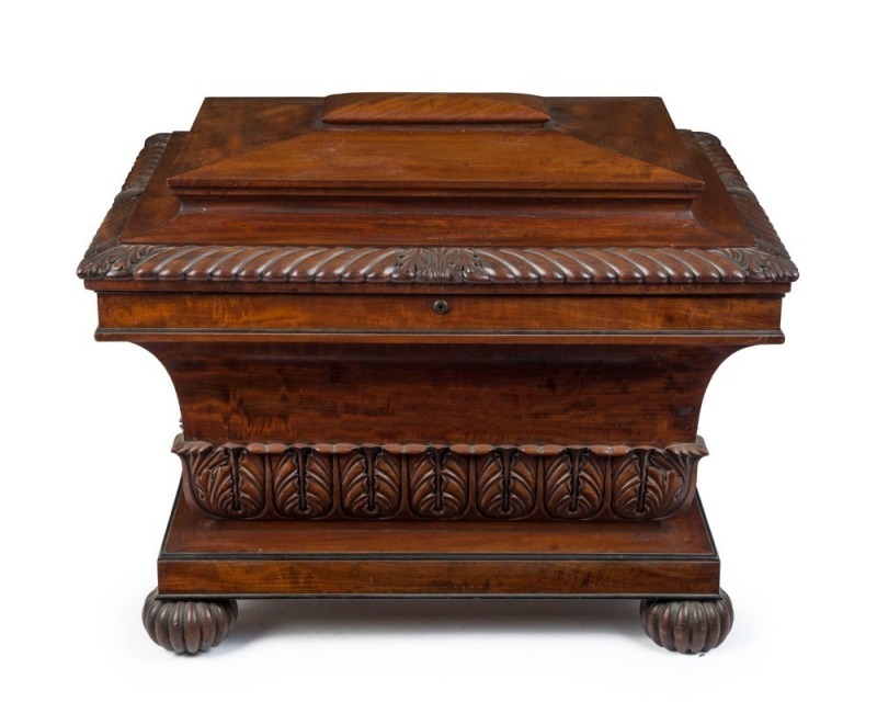 GILLOW (attributed) fine antique English mahogany sarcophagus cellarette in the Regency style, oak secondary timbers with original lift-out insert and zinc lining, circa 1825, 66cm high, 87cm wide, 66cm deep