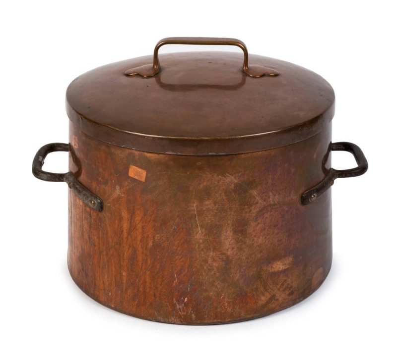 An antique French stock pot, copper and brass with iron handles,  45cm high, 61cm wide