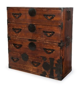 An antique Japanese two sectional chest of drawers, stained pine with iron fittings, Meiji period, 96cm high, 90cm wide, 39cm deep