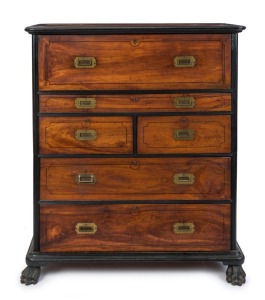 A fine Anglo-Chinese secretaire campaign chest, camphor wood with solid ebony mouldings and string inlay, handsomely fitted top drawer with Bramah locks, 19th century, 128cm high, 113cm wide, 52cm deep