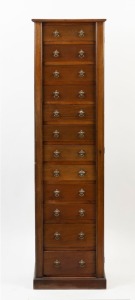 An antique English Wellington chest of twelve drawers, mahogany with pine secondary timbers, late 19th century, unusual proportions 169cm high, 46cm wide, 32cm deep