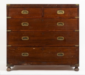 An antique Anglo-Indian military campaign chest, teak with brass cap corners and flush fitted handles, circa 1870, 99cm high, 103cm wide, 53cm deep