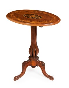 An antique English occasional table, oval marquetry inlaid walnut veneered top, standing on a reeded basket pedestal base with carved cabriole legs, late 19th century, 74cm high, 61cm wide, 44cm deep