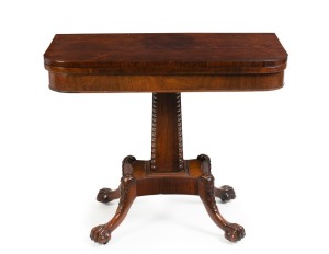 An antique Scottish rosewood card table with carved claw feet, early 19th century, ​​​​​​​75cm high, 91cm wide, 45cm deep