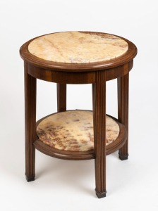 A two tier French oak circular occasional table with marble tops, 20th century,  69cm high, 59cm diameter