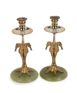 A pair of silver seahorse candlesticks on green onyx bases, 20th century, 16cm high