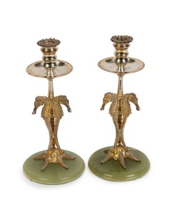 A pair of silver seahorse candlesticks on green onyx bases, 20th century, ​​​​​​​16cm high