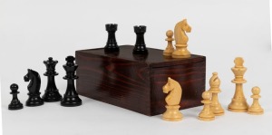 CHESS pieces, carved wood, housed in a timber box, 19th/20th century, ​​​​​​​the king pieces 6.5cm high, 3cm diameter at the bases