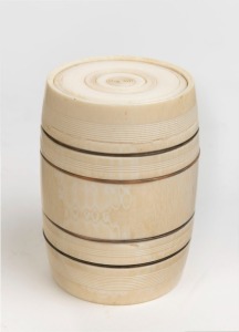 A Georgian ivory box in the form of a barrel, early 19th century, 9cm high