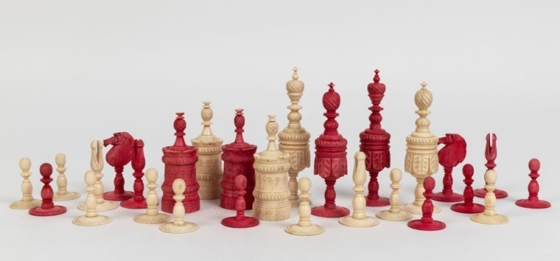 CHESS, antique pieces, carved and stained ivory, 19th century, (27 items), ​​​​​​​the king pieces 12cm high, 3.5cm diameter