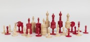 CHESS, antique pieces, carved and stained ivory, 19th century, (27 items), ​​​​​​​the king pieces 12cm high, 3.5cm diameter