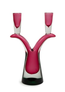 Murano green and red sommerso glass candelabra, circa 1950s, 27.5cm high, 18cm wide