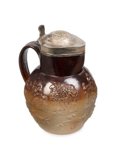 A Georgian pottery harvest jug with sterling silver top, early 19th century, 24cm high, 19cm wide