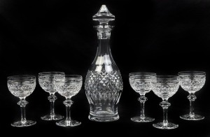 WATERFORD wine decanter, together with a set of six crystal wine glasses, (7 items), acid etched marks to the bases, the decanter 34cm high, the glasses 14.5cm high