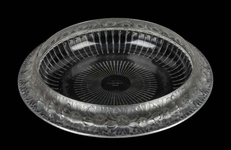 LALIQUE French glass fruit bowl with floral border, circa 1930s, acid etched mark "R. LALIQUE, FRANCE", 33cm diameter